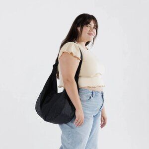 BAGGU Large Nylon Crescent Bag in Black with Unique Black Patches